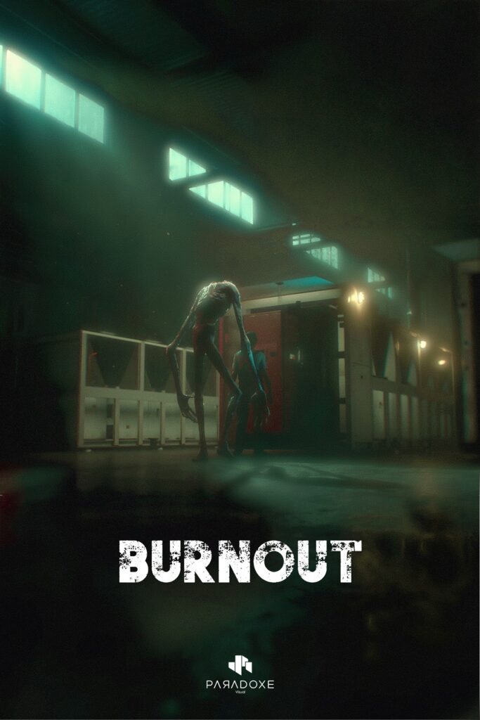 Affiche du film "Burnout" de Thibaud Cahen : monstre à la peau blanche (white skin) dans une imprimerie sombre, ambiance horrifique et inquiétante, projet en écriture.