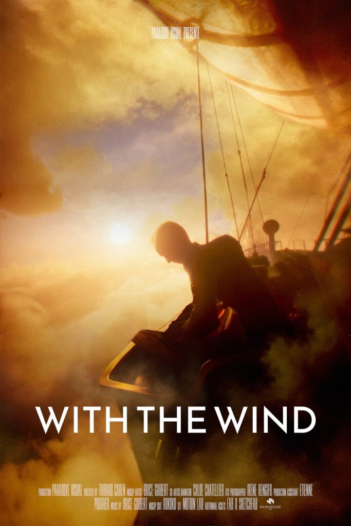 Affiche du projet "With the Wind" : Jules attaqué par une baleine géante dans le ciel. Production 3D Unreal Engine, Motion Capture et Face Capture par Paradoxe Visual.